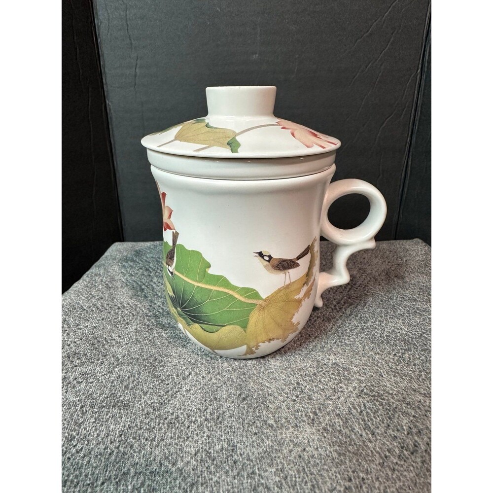 Teavana Tea Infuser Mug - retired “Lotus Bulbul Birds” (Bird Lily Pad) design